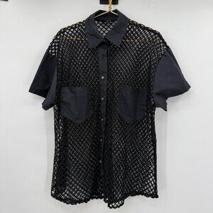 Beulah Style Black Mesh Button Down Shirt Short Sleeve  Women's Size M/L
